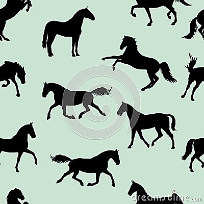 Seamless pattern of silhouettes of horses, black images isolated on a white background. Vector Illustration